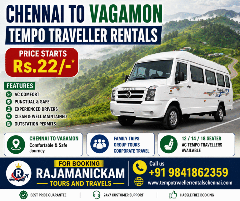 Chennai to Vagamon Tempo Traveller Per km Rate Booking
